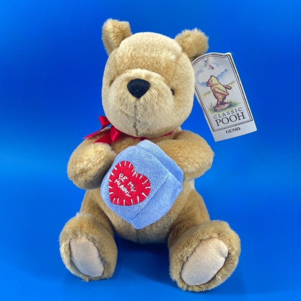 Gund Classic Winnie Pooh Plush Tan 10" Be My Hunny Pot Heart Red Ribbon (B)